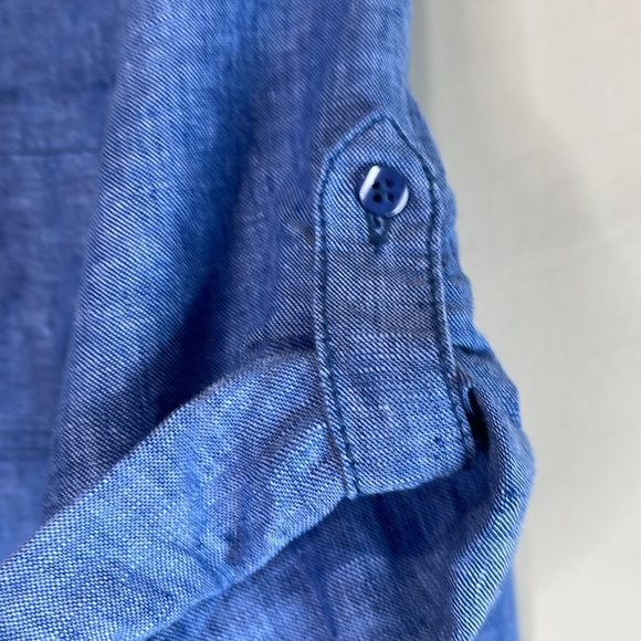 Olsen Linen Tab Sleeve Collared Button Up Ocean Breeze Blue Coastal Size S-M 8 - Picture 6 of 12
